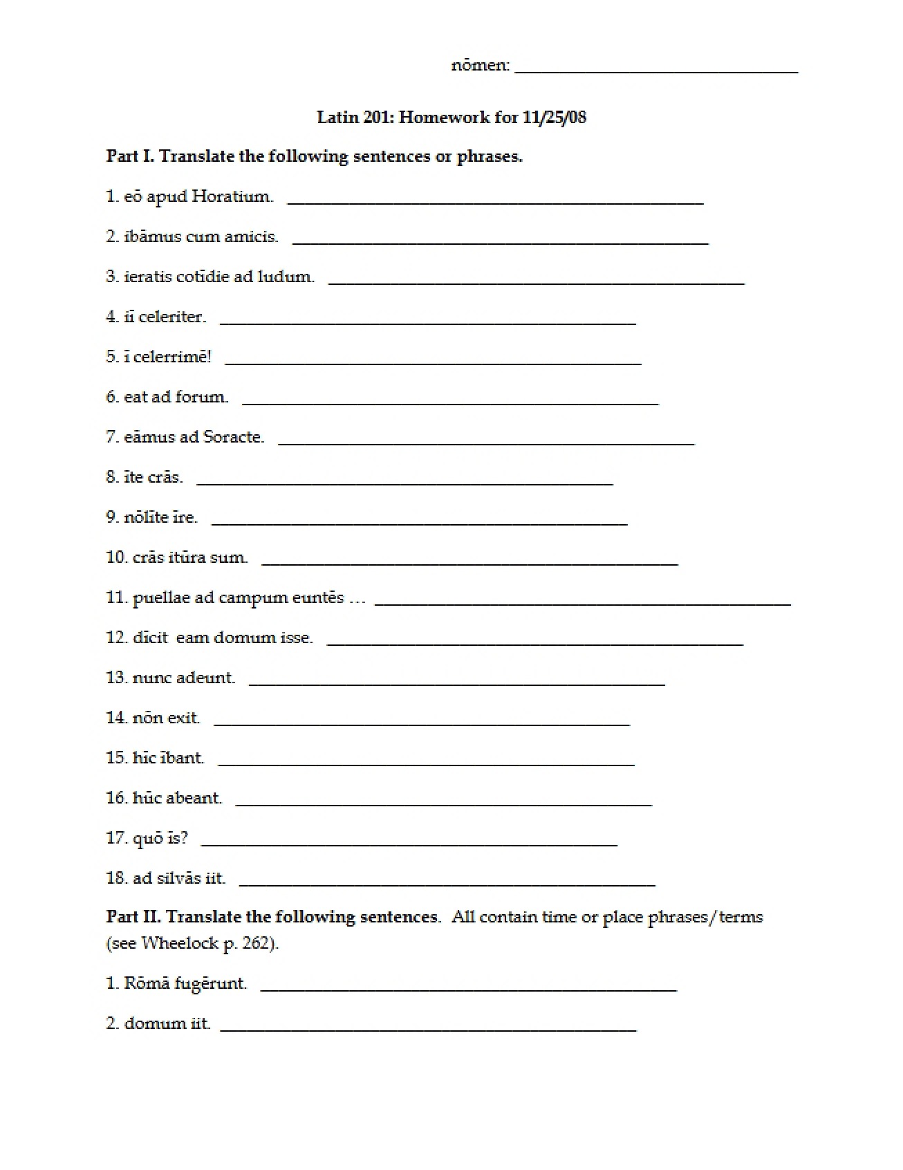 Homework for Latin 201