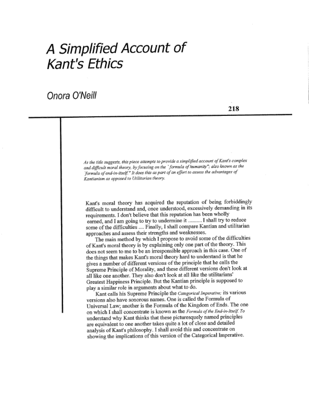 O'Neill Simplified Account of Kant's Ethics (Reading 2)
