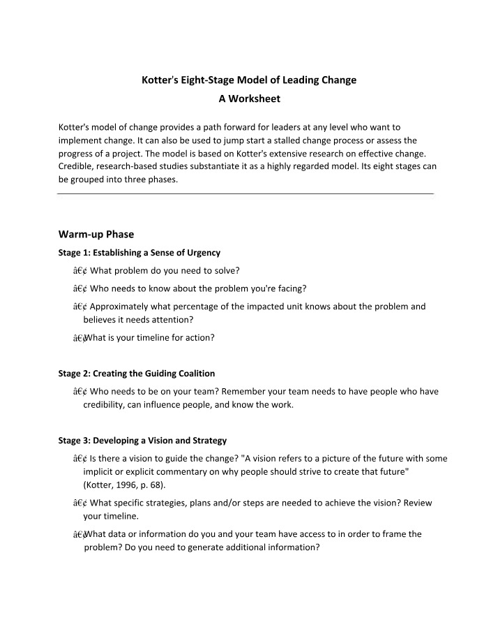 Worksheet for Kotter's Eight-Stage Leading Change Model