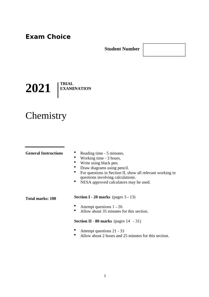 Chemistry Trial Exam - Multiple-Choice Questions
