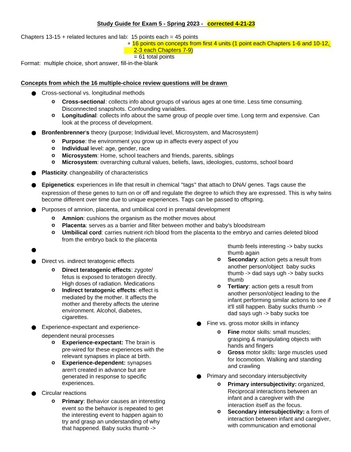 Study Guide for Exam 5 - Cross-sectional vs Longitudinal