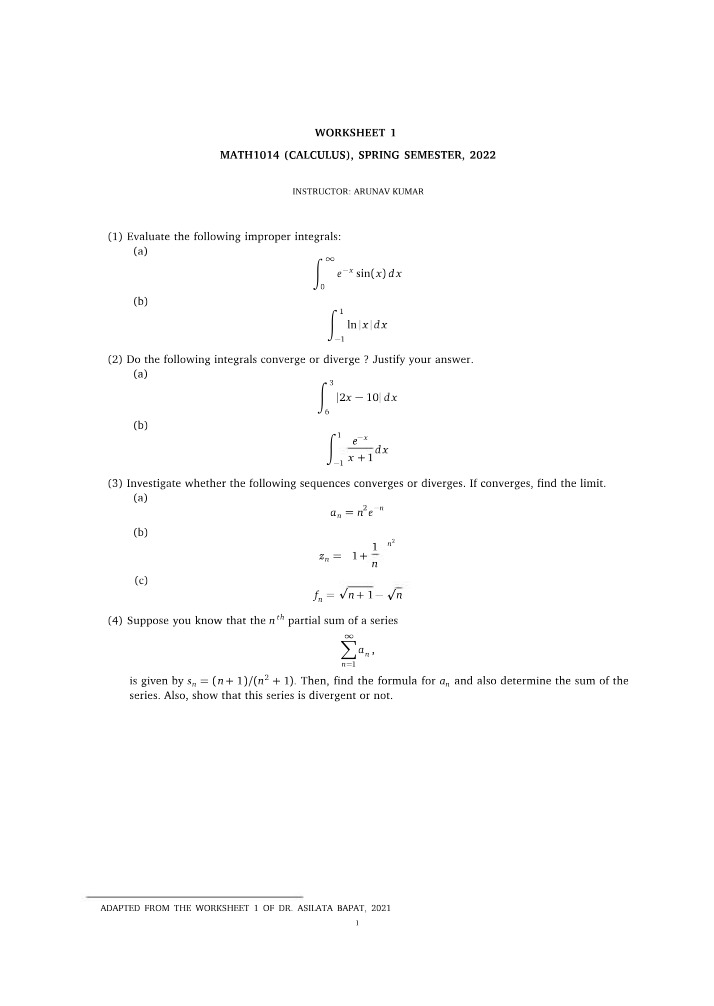Calculus Worksheet 1 Problems