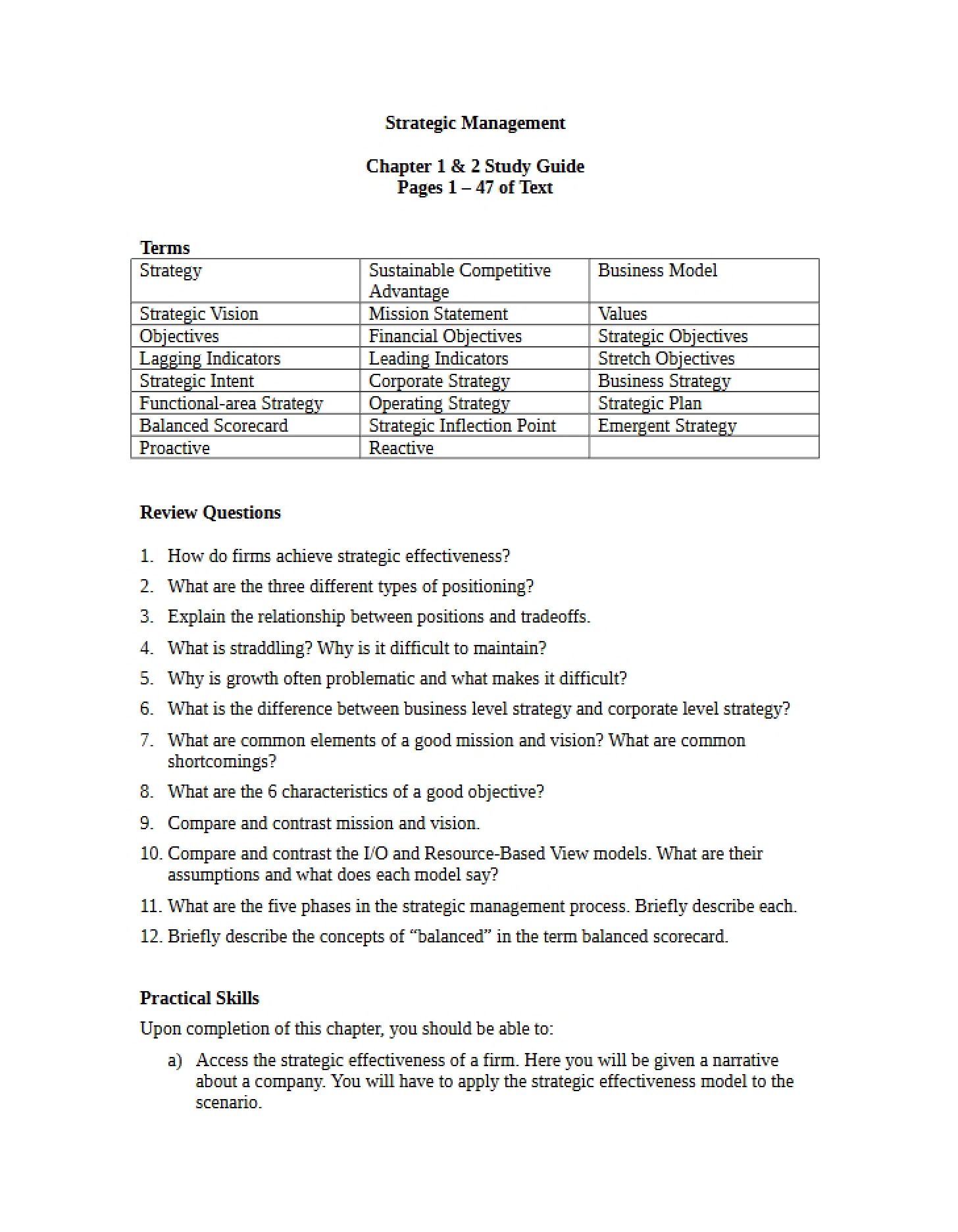 Study Guide for Chapter One