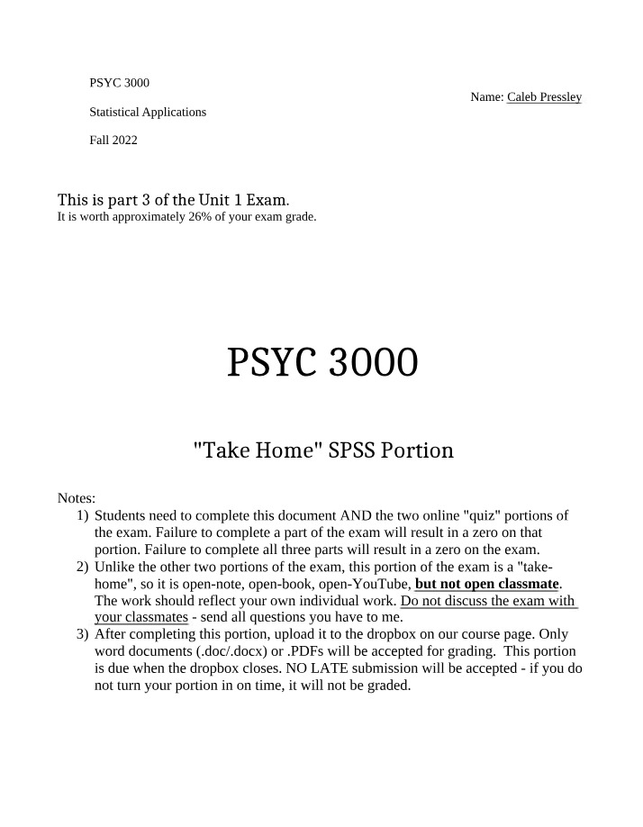 SPSS Portion of the PSYC 3000 Fall Exam