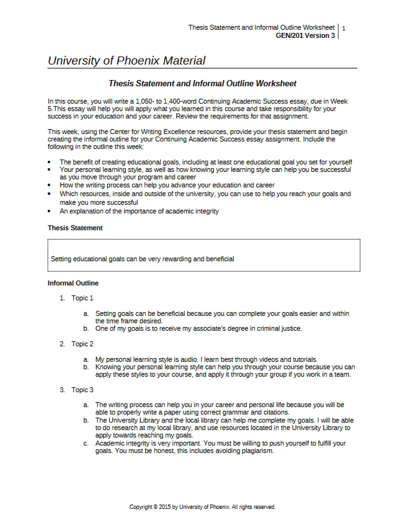 Worksheet Informal Outline and Thesis Statement