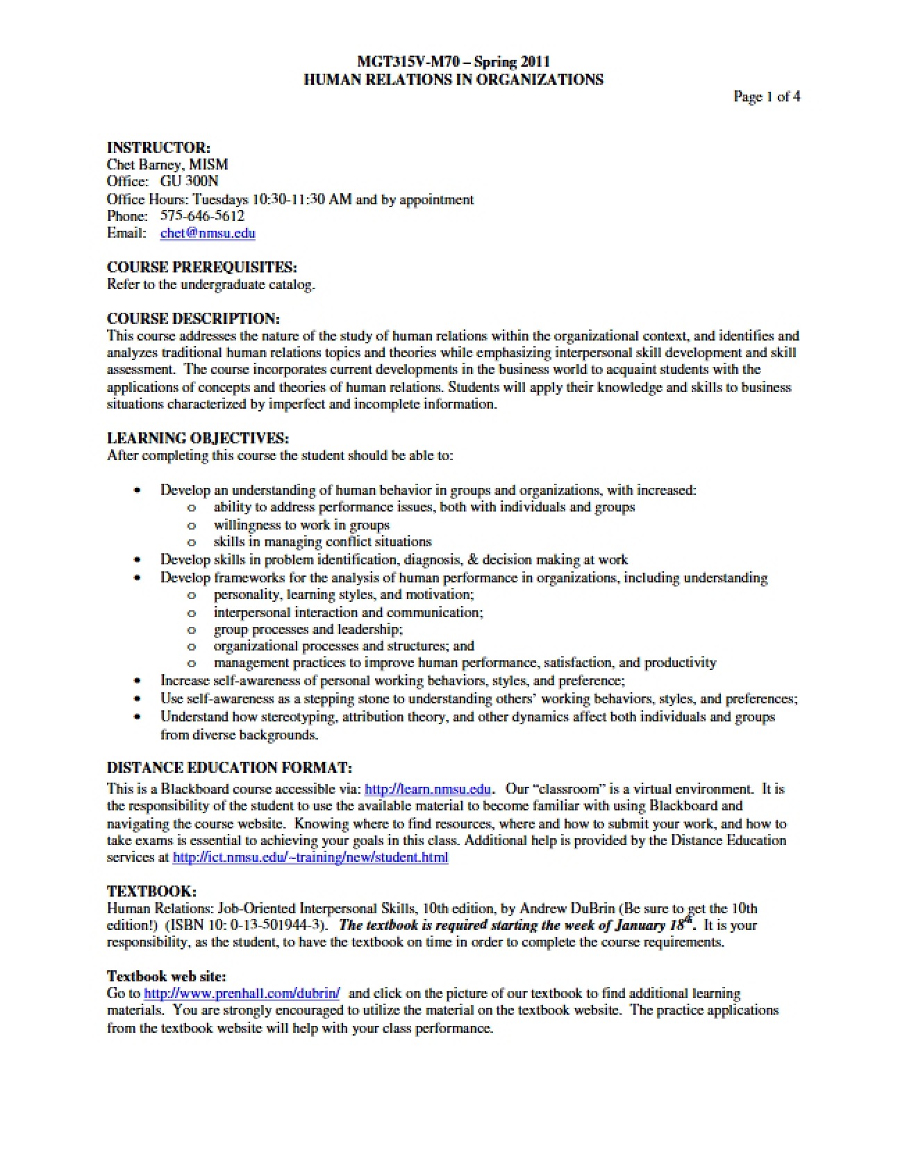Syllabus on Human Relations in Organizations from Spring 2011 by Professor Barney