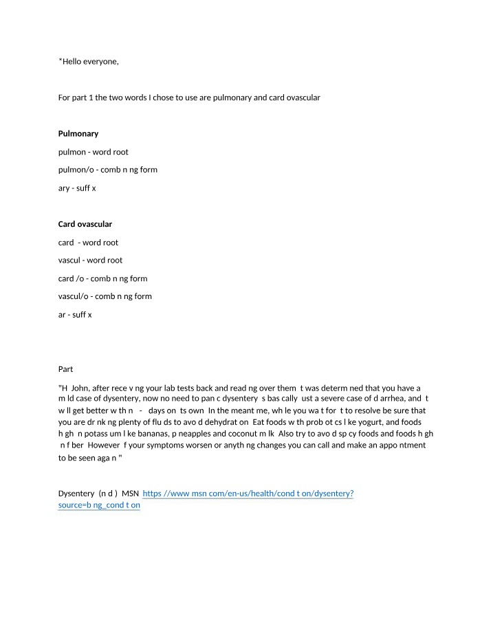 Word Roots and Combining Forms - Pulmonary and Cardiovascular Dysentery