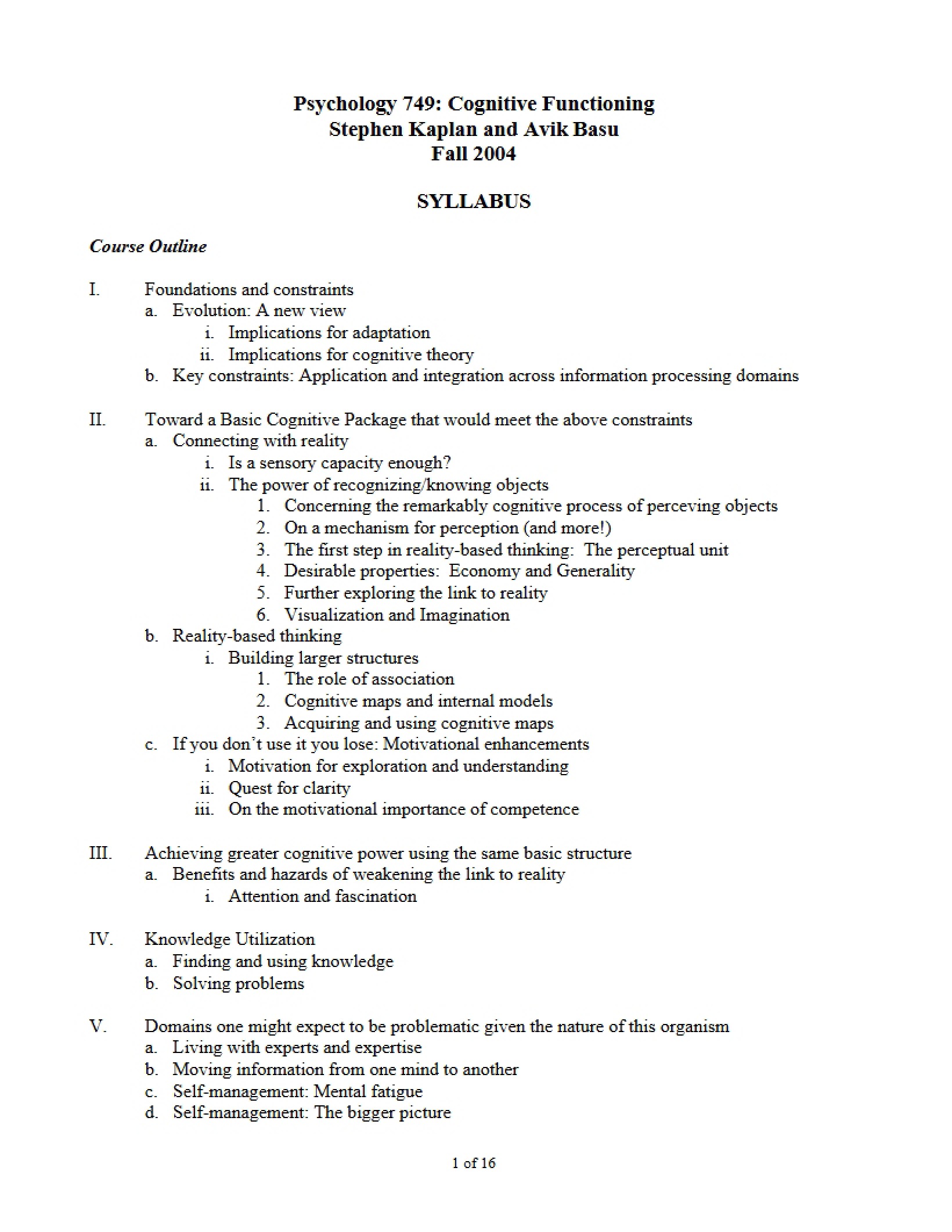 Cognitive Functioning Syllabus
