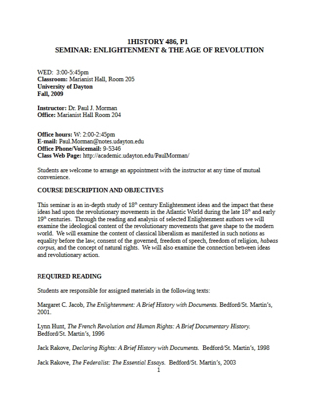 Enlightenment and Revolutionary Age Seminar