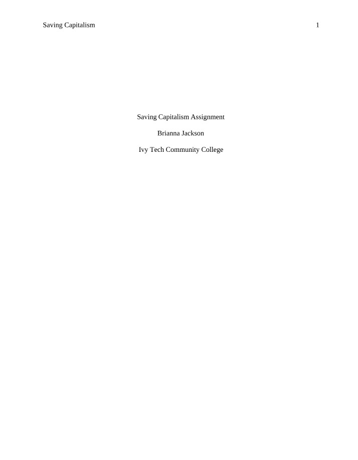 Assignment on Saving Capitalism