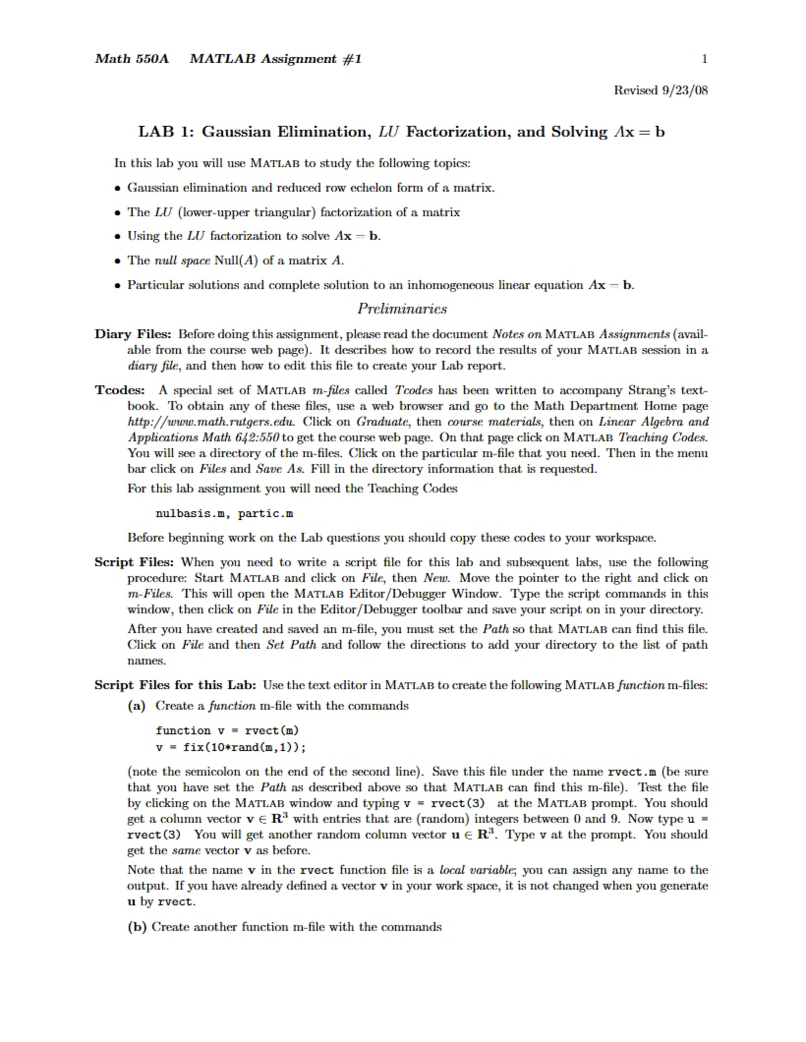 Assignment One MATLAB (Math 550A)