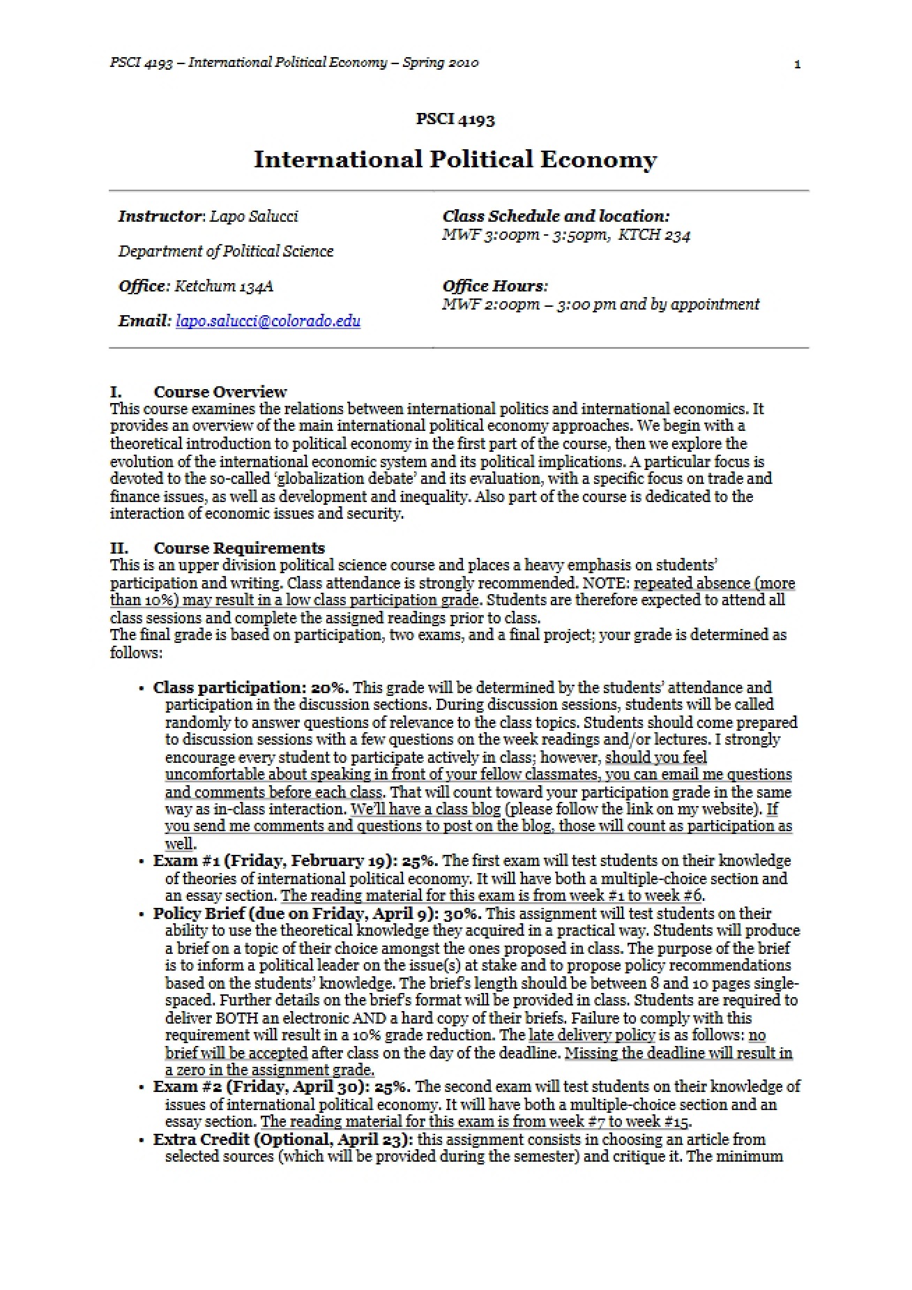 International Political Economy Course Outline