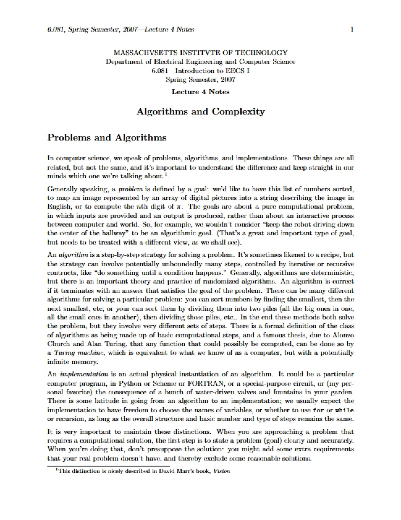 Complexity and Algorithms
