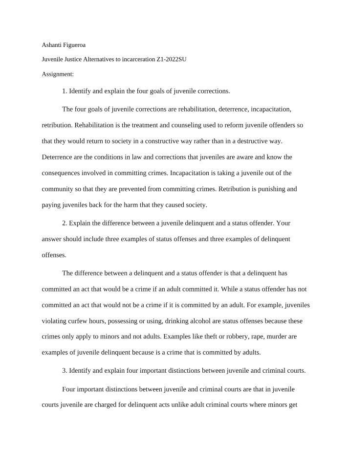 Juvenile Justice Assignment - Alternatives to Incarceration