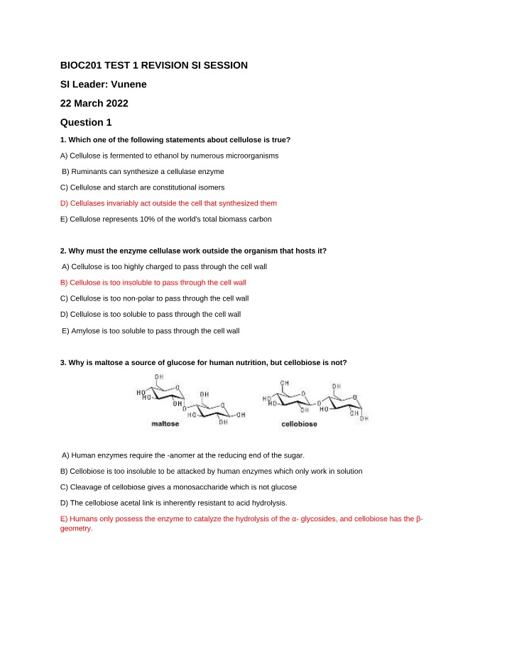 Cellulose, Starch, and Polysaccharides Key Concepts