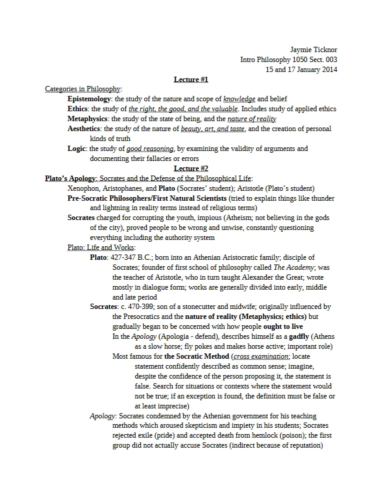 Class Notes for PHIL 1050