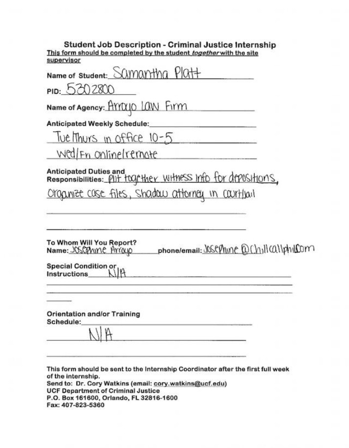 Reporting Form for Criminal Justice Internship Responsibilities