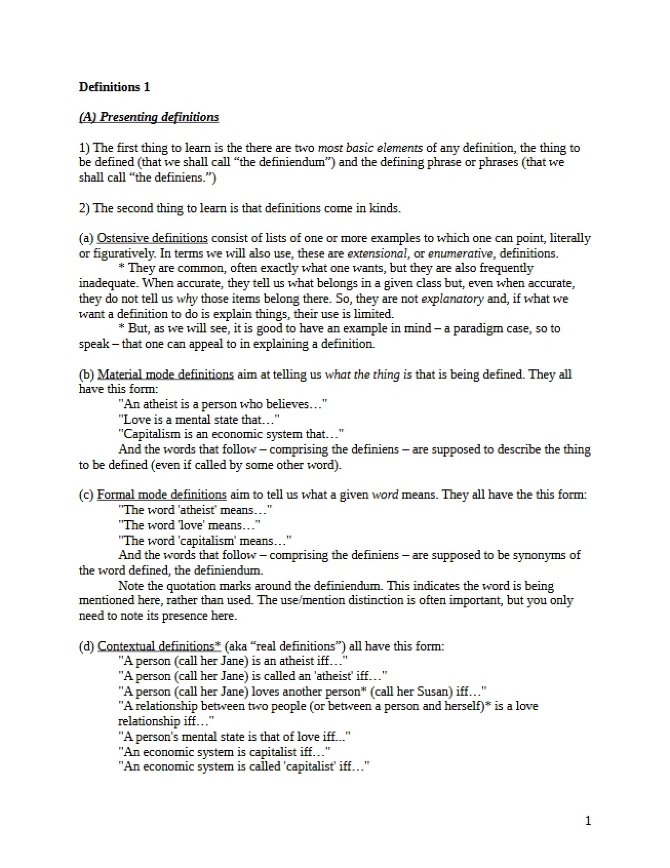 Fourth Lecture on Definitions I