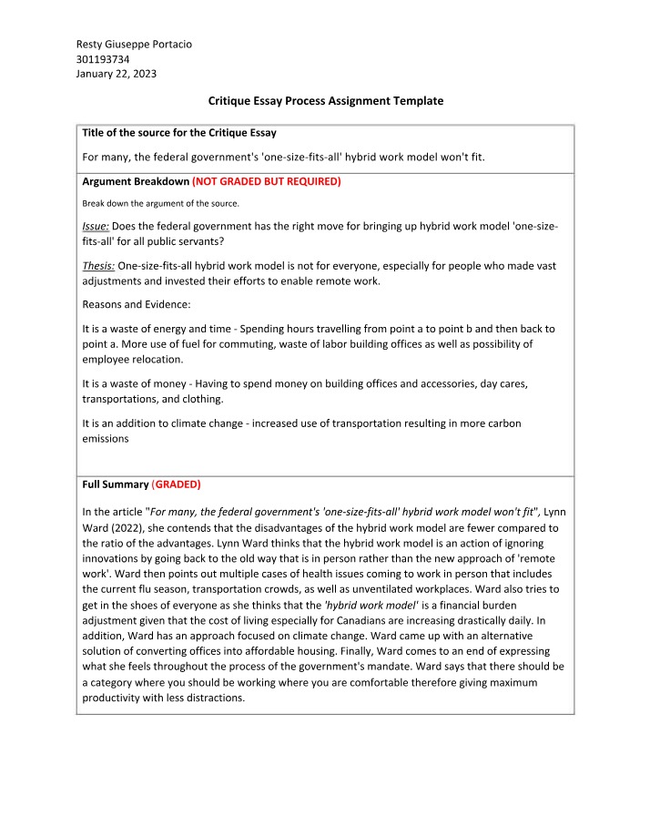 Template for Critique Essay Process Assignment