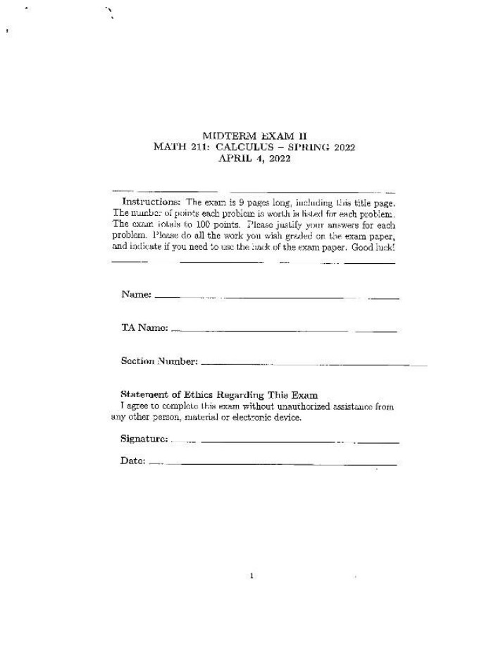 MATH 211 Calculus Midterm II - Spring 2022