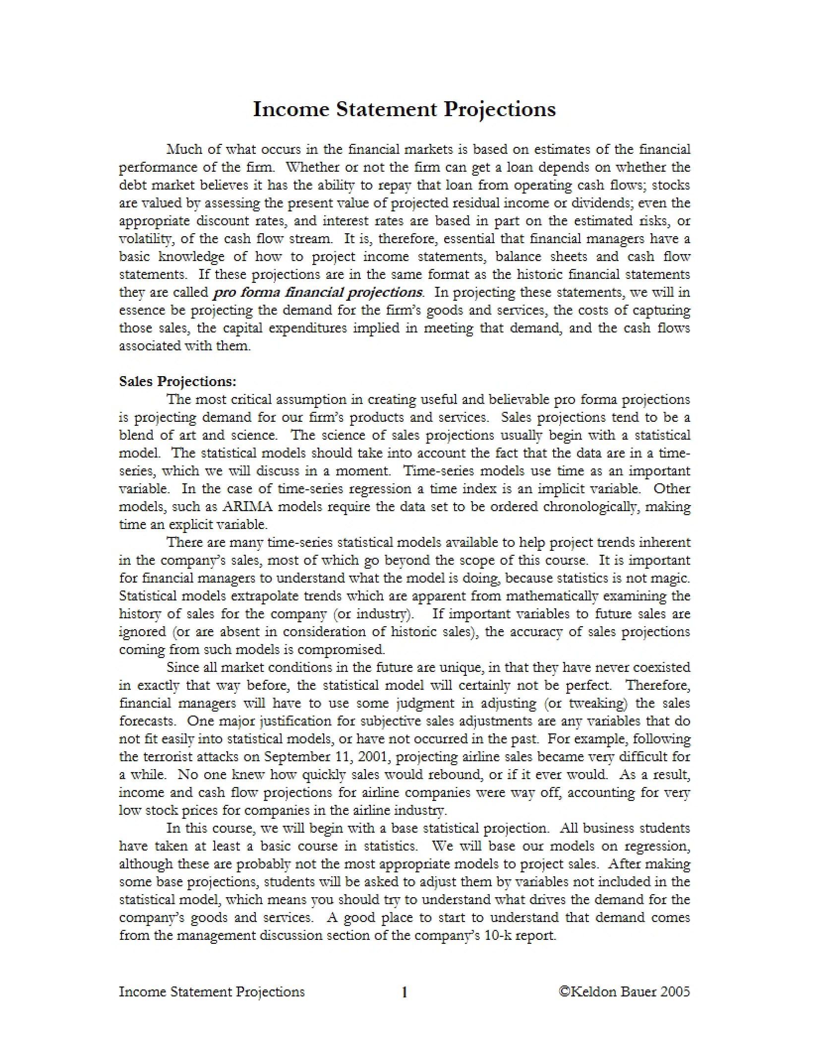 Projections for Income Statements