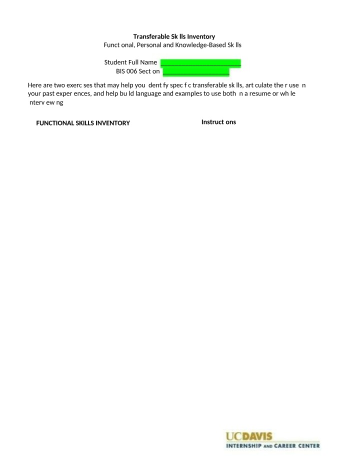 Worksheet for Transferable Skills