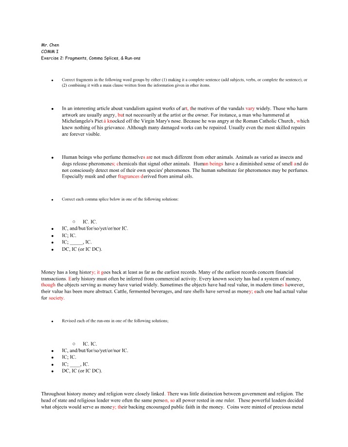 Fragments, Comma Splices, and Run-ons Exercise