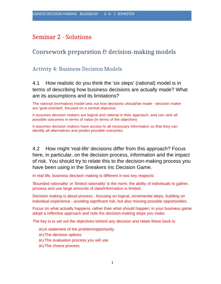 Realism in Business Decision Making Models