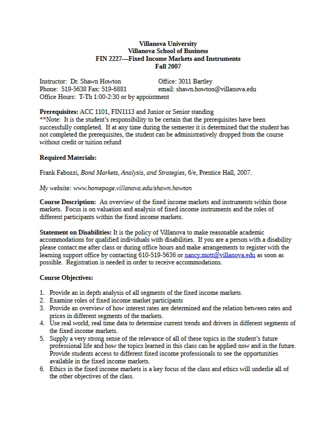 Class Syllabus - Fixed Inc Markets & Valuation