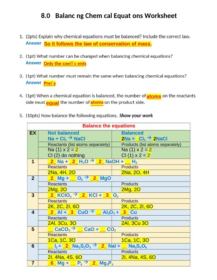 Worksheet - Balancing Chemical Equations