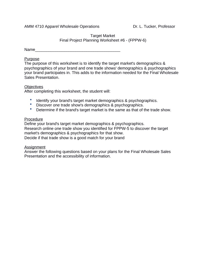 Worksheet 6 - Target Market Project Planning