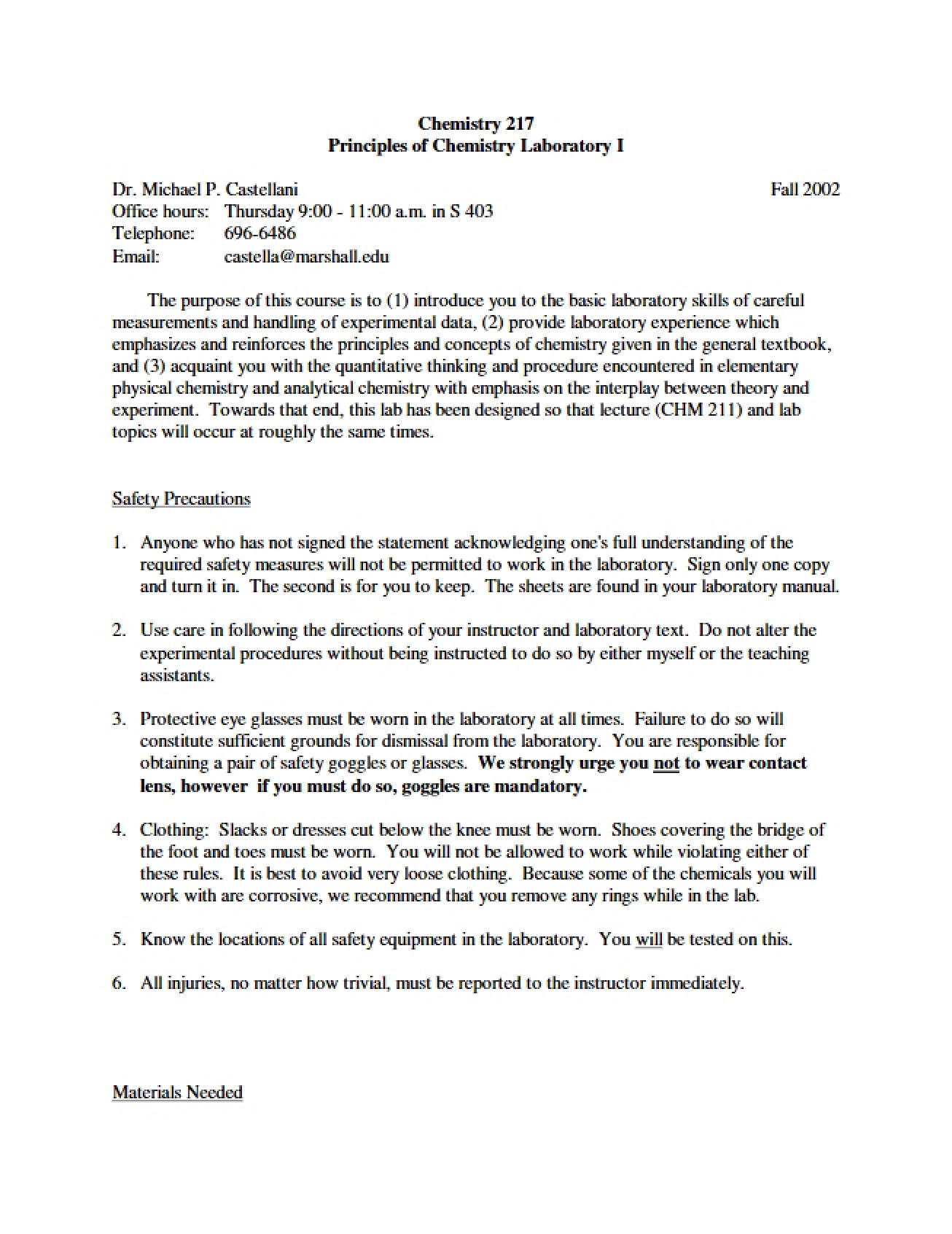 Chemistry Lab I Syllabus