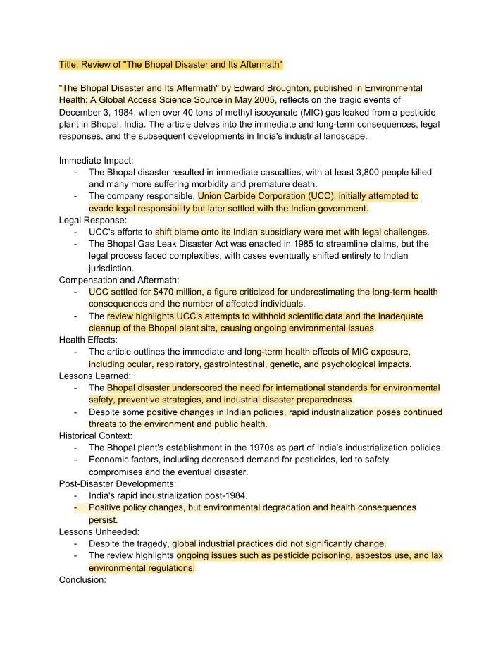 Main Points of The Bhopal Disaster and Its Aftermath