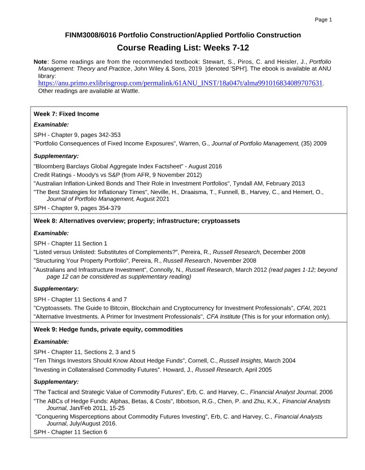 Portfolio Construction Reading List (Weeks 7-12)