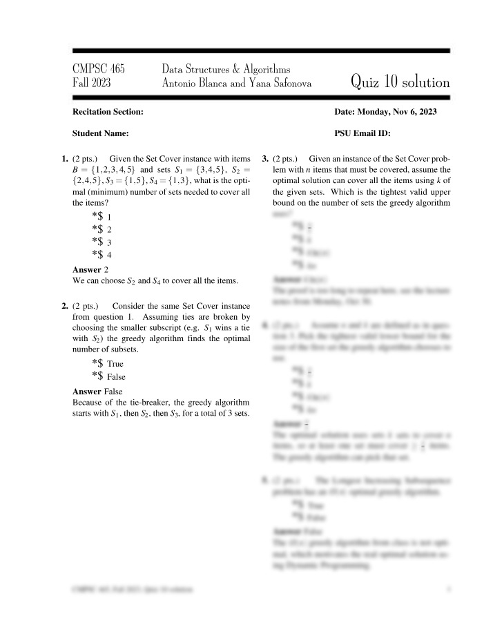 Solutions for Quiz 10