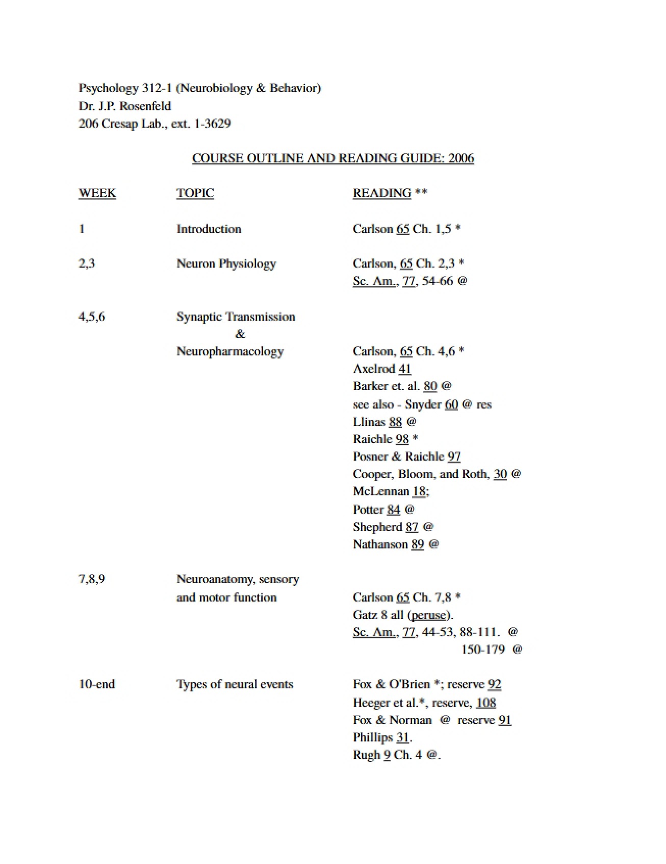 Course Plan for Psychology 312-1