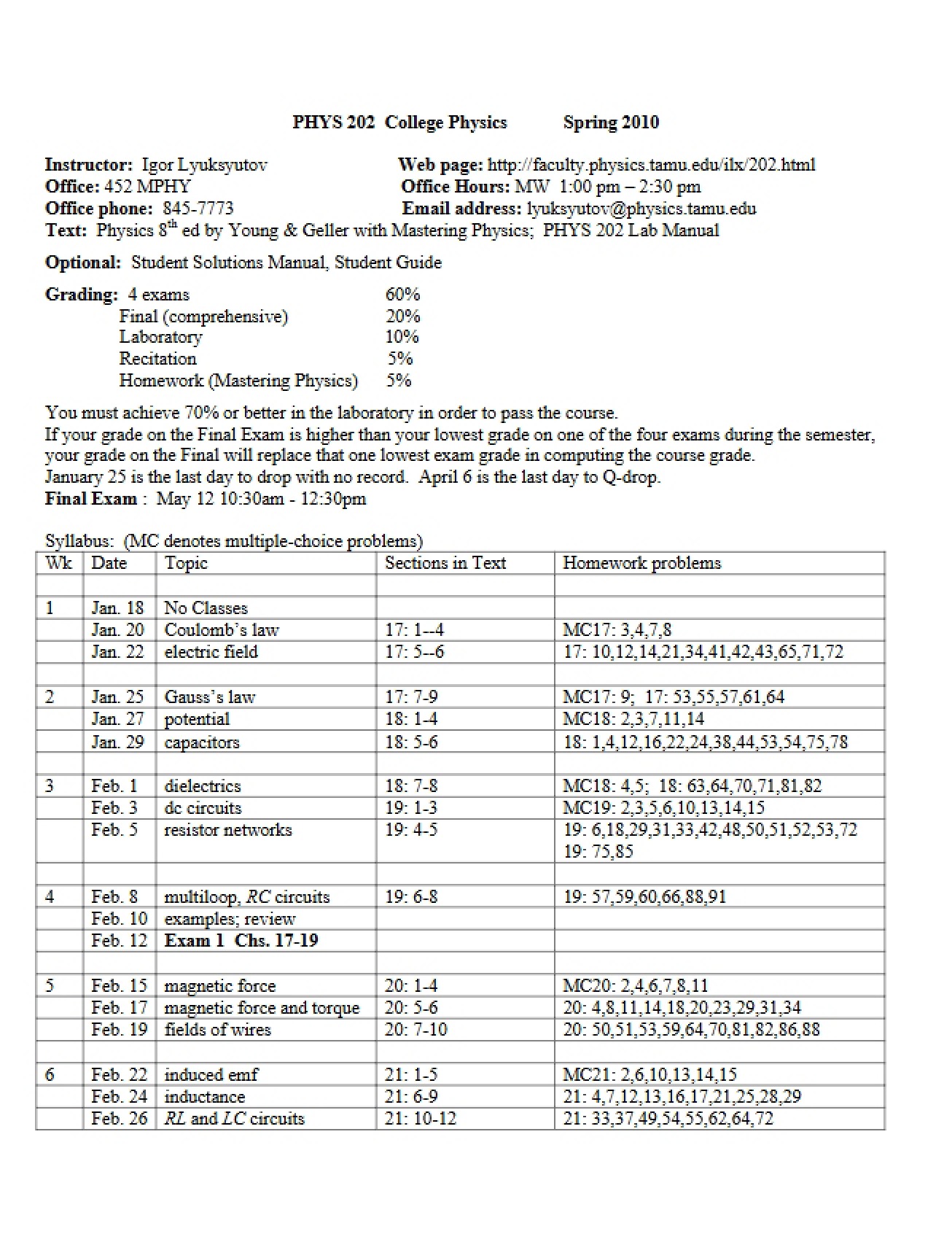 Syllabus for PHYS 202 (Spring 2010)