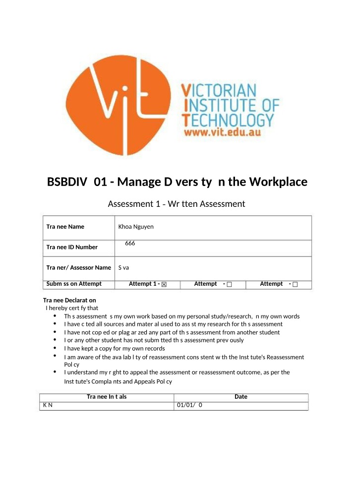 Assessment 1 for BSBDIV501 - Manage Diversity in the Workplace