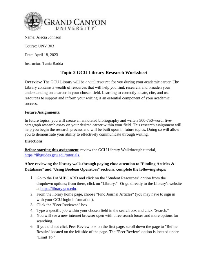 Worksheet for GCU Library Research