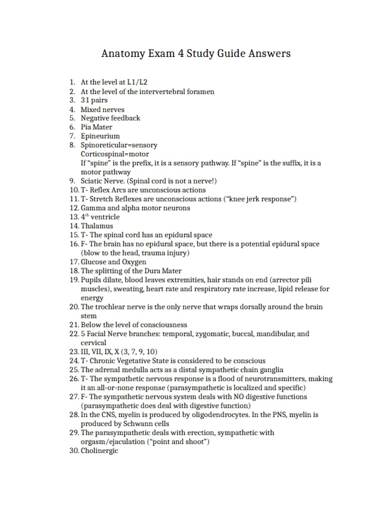 Answers Anatomy Neuro Exam Study Guide