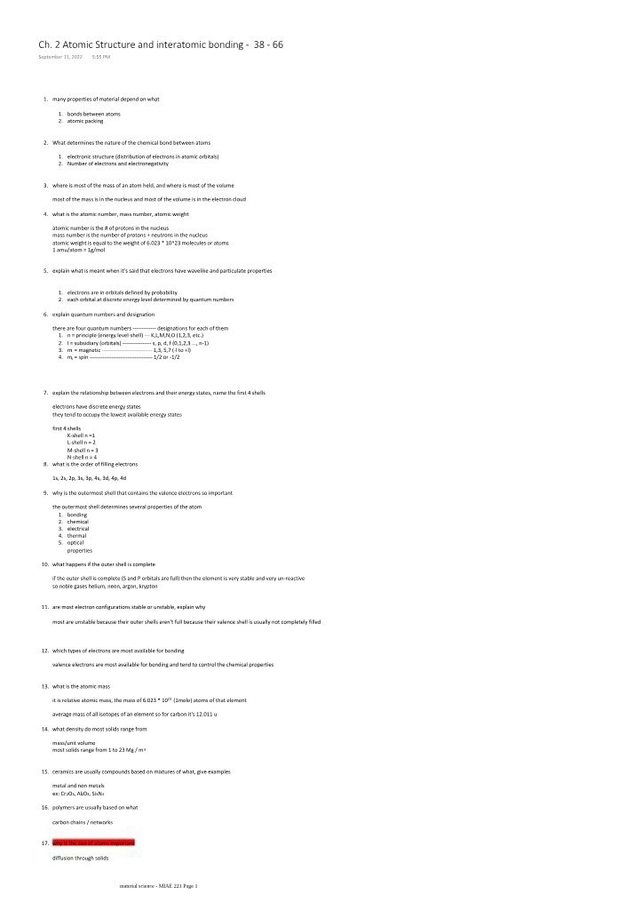 Notes on Atomic Structure and Interatomic Bonding