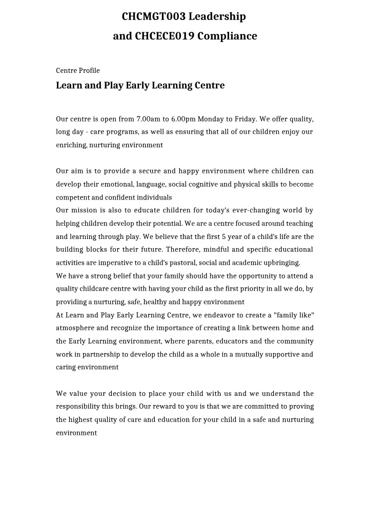 Profile for Learn and Play Early Learning Centre