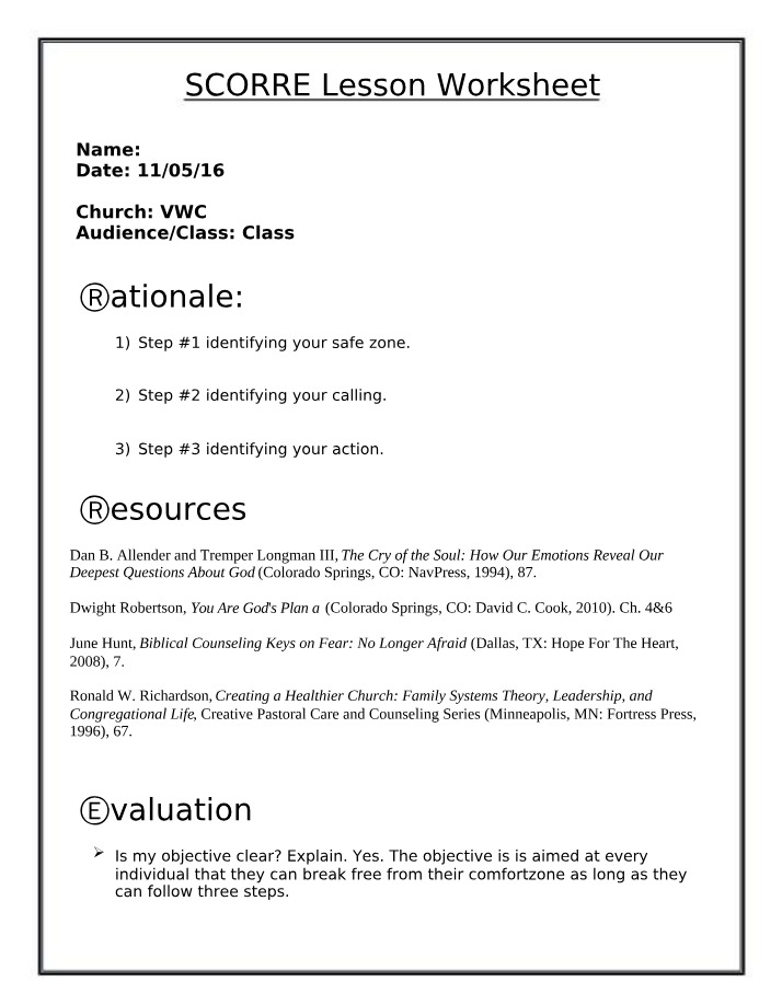 SCORRE Method Lesson Worksheet