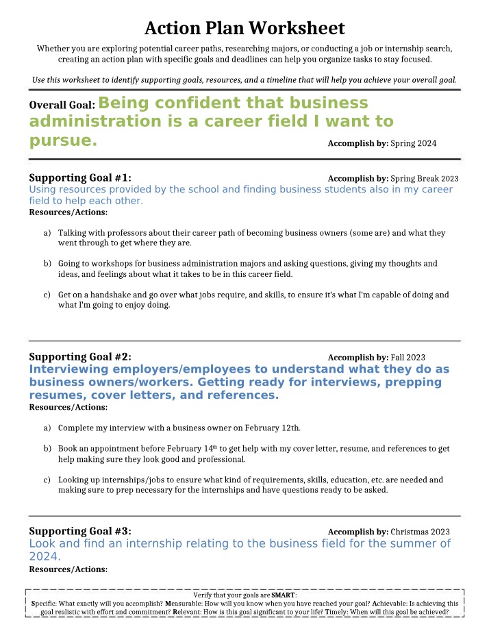 Worksheet on Action Plan