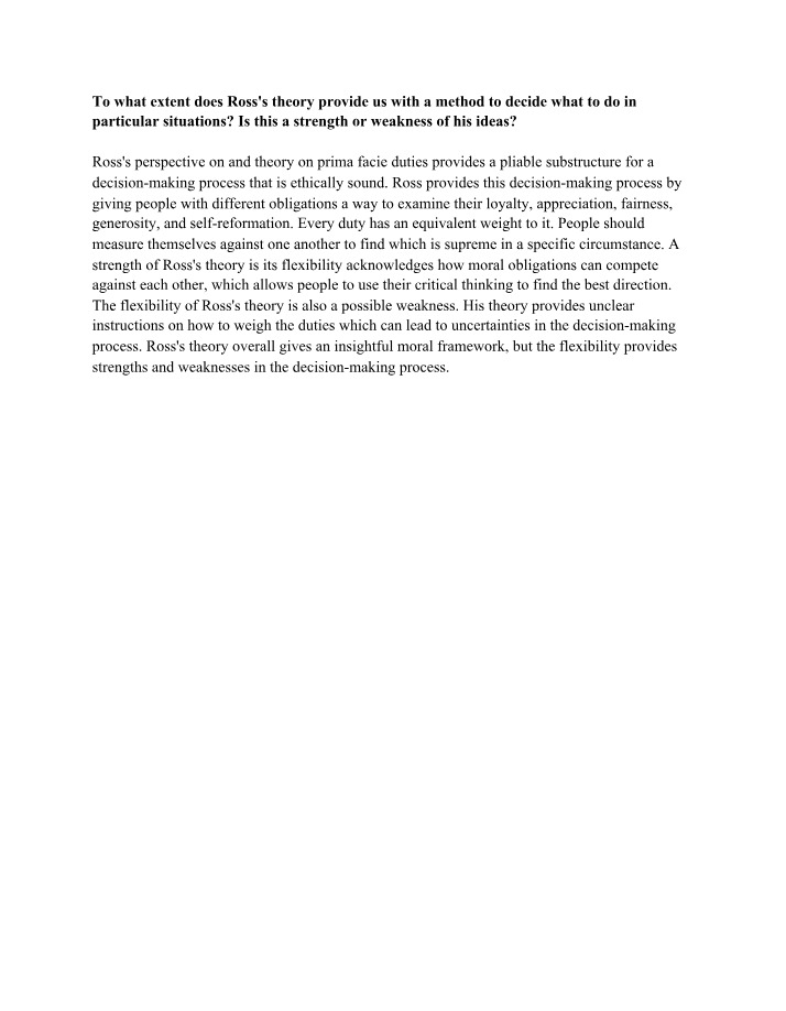 Strengths and Weaknesses of Ross's Theory on Prima Facie Duties