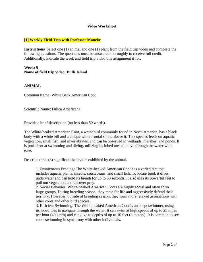 Video Worksheet on White Beak American Coot and Southern Red Cedar