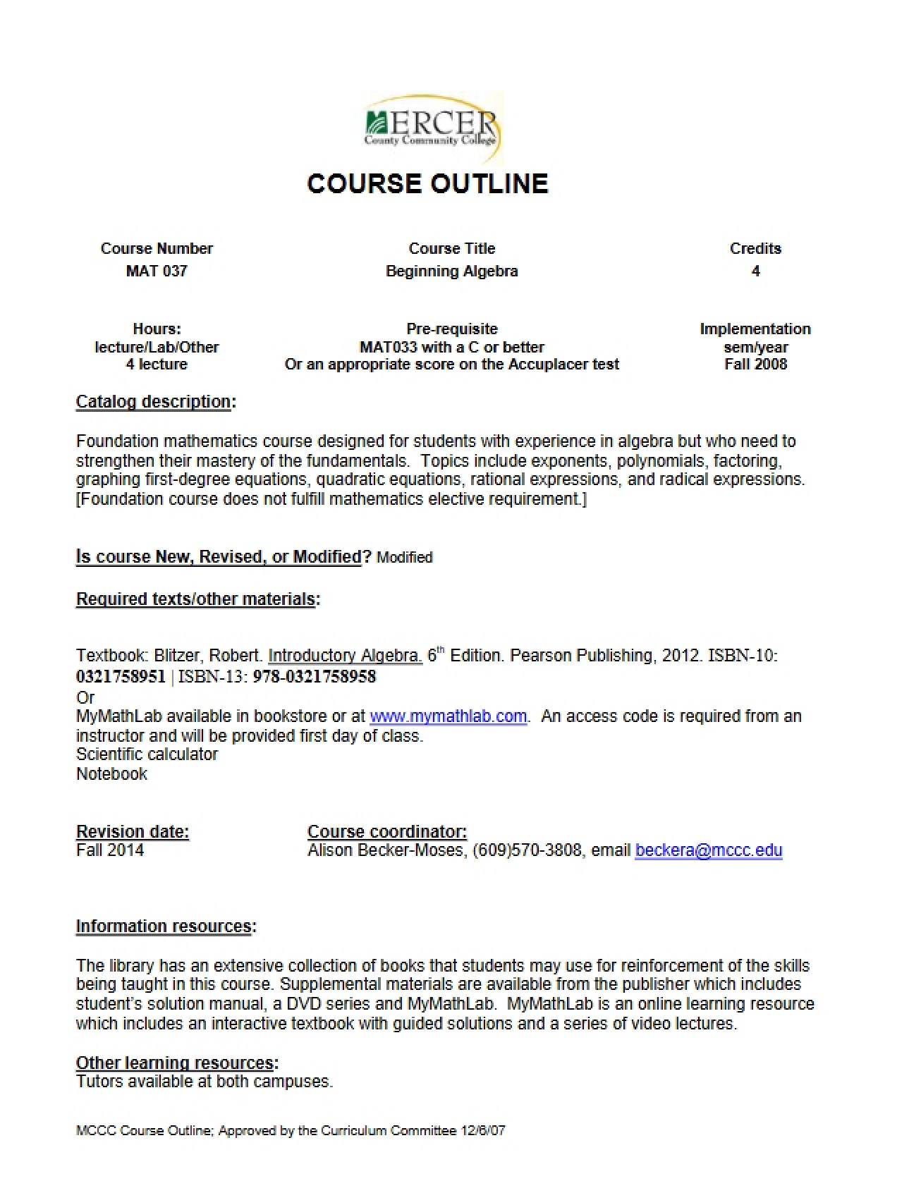 Beginning Algebra Course Outline