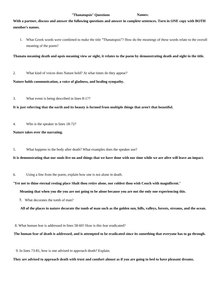 Thanatopsis - Analysis of Questions and Answers