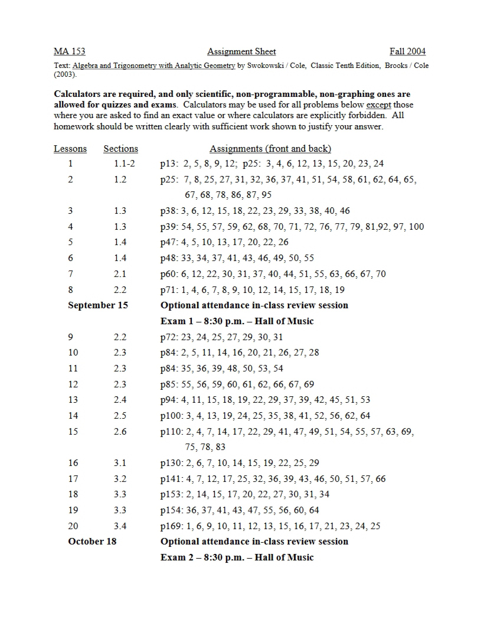 Course Assignment Schedule