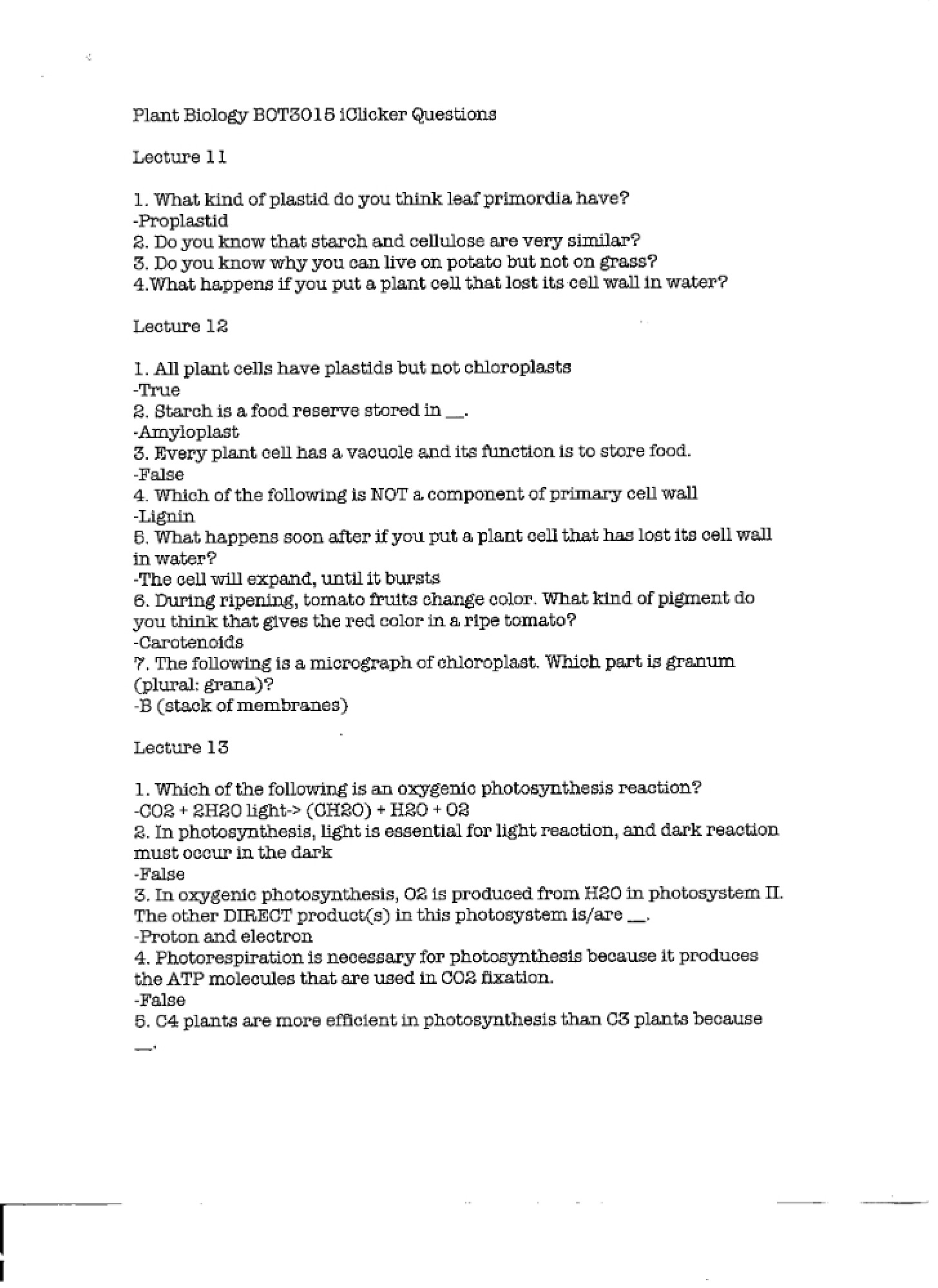 Recorded Conceptual Highlights for Plant Biology
